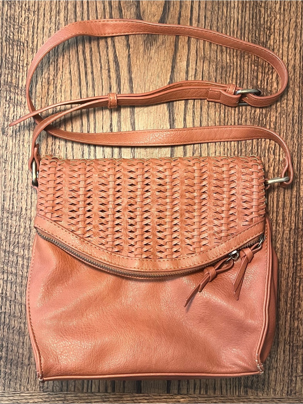 Sasha Sofi Woven Flap Crossbody Bag in Cognac